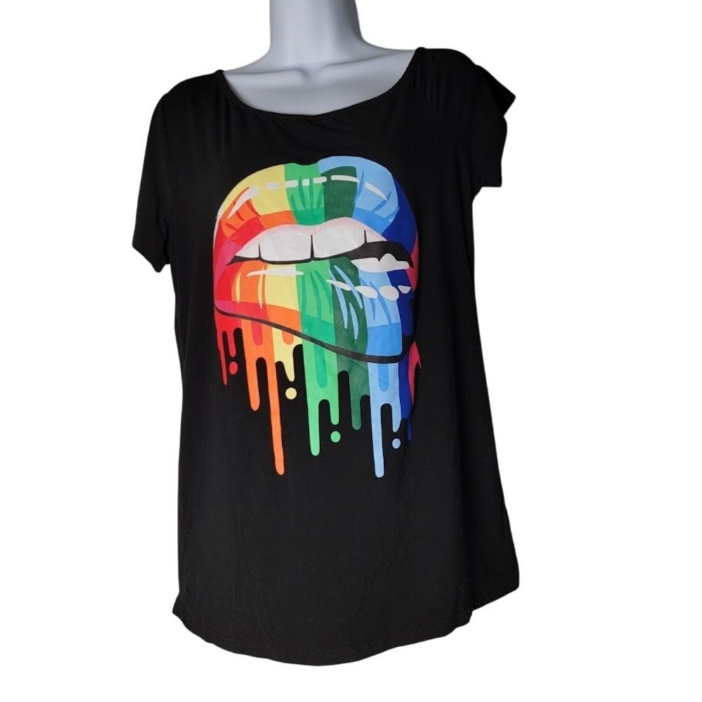 MAGICMK Black T-Shirt M Rainbow Lips Graphic Dripping Print‎ Short Sleeve Top